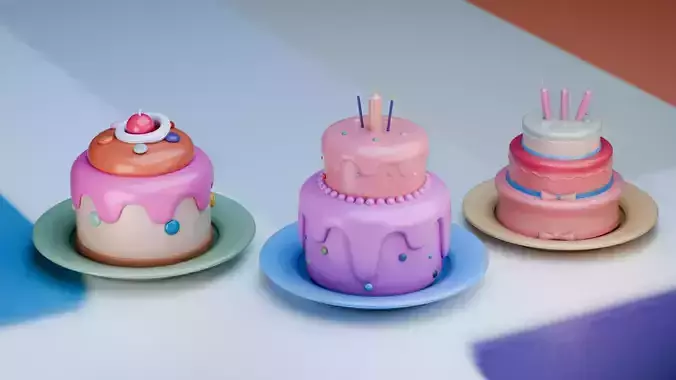 3D Cakes Pack  Stylized Triple Cake Set with Textures