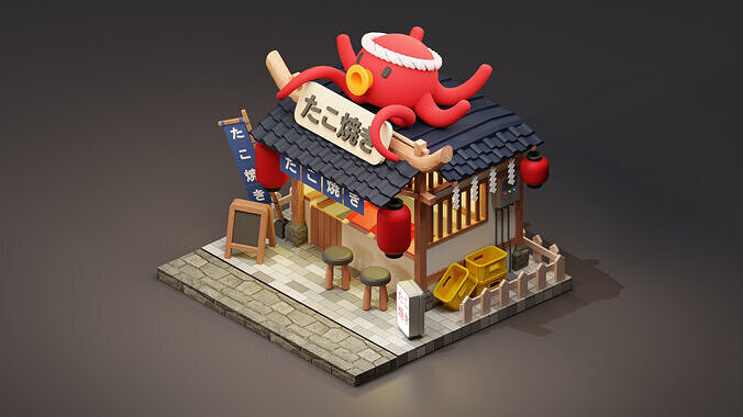 Japanese Takoyaki Stall - Cartoon Game Isometric Low-poly 3D model 2