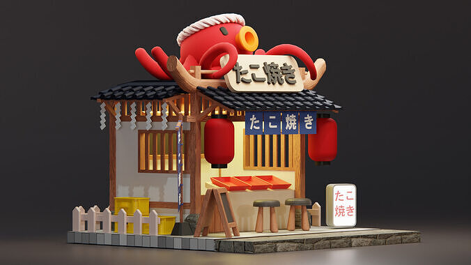 Japanese Takoyaki Stall - Cartoon Game Isometric Low-poly 3D model 5