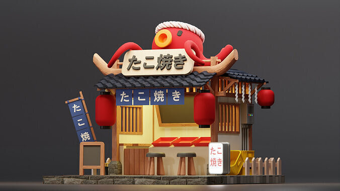 Japanese Takoyaki Stall - Cartoon Game Isometric Low-poly 3D model 4