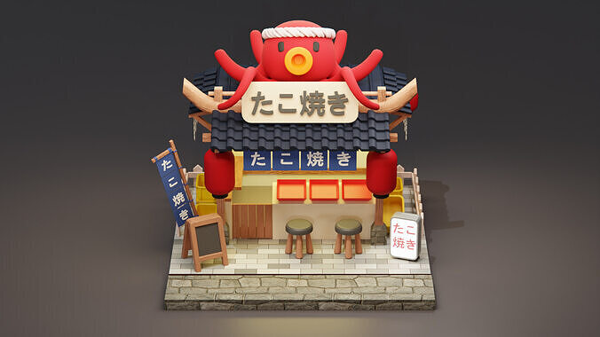 Japanese Takoyaki Stall - Cartoon Game Isometric Low-poly 3D model 3