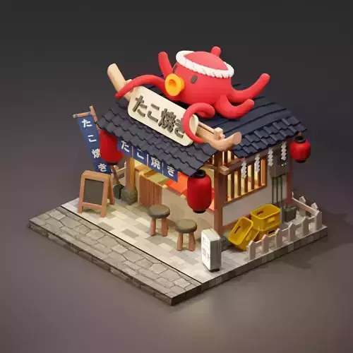 Japanese Takoyaki Stall - Cartoon Game Isometric