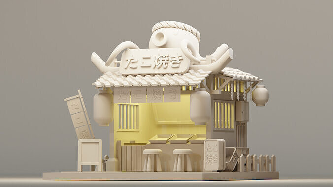Japanese Takoyaki Stall - Cartoon Game Isometric Low-poly 3D model 7
