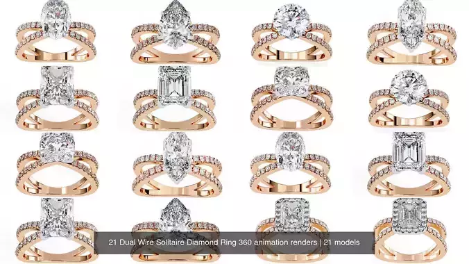 21 Dual Wire Solitaire Diamond Ring 360 animation renders 3D Model Collection