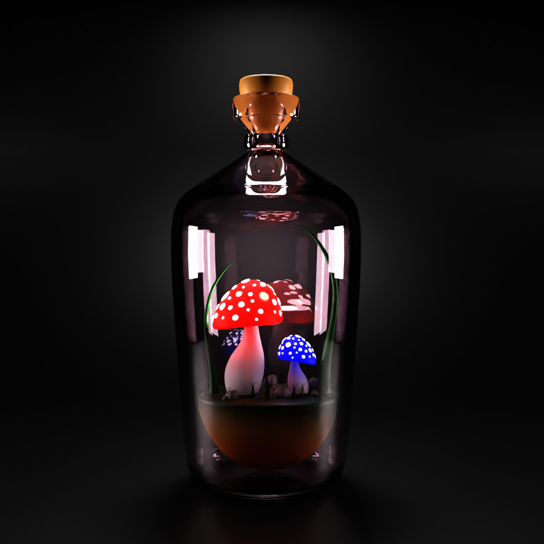 Mystical Mushrooms Glowing in a Glass Bottle Low-poly 3D model