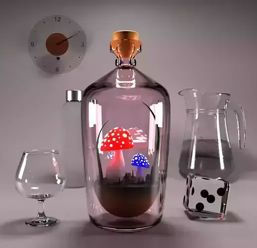 Mystical Mushrooms Glowing in a Glass Bottle  Low-poly 3D model