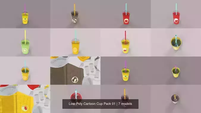 Low-Poly Cartoon Cup Pack 01 3D Model Collection