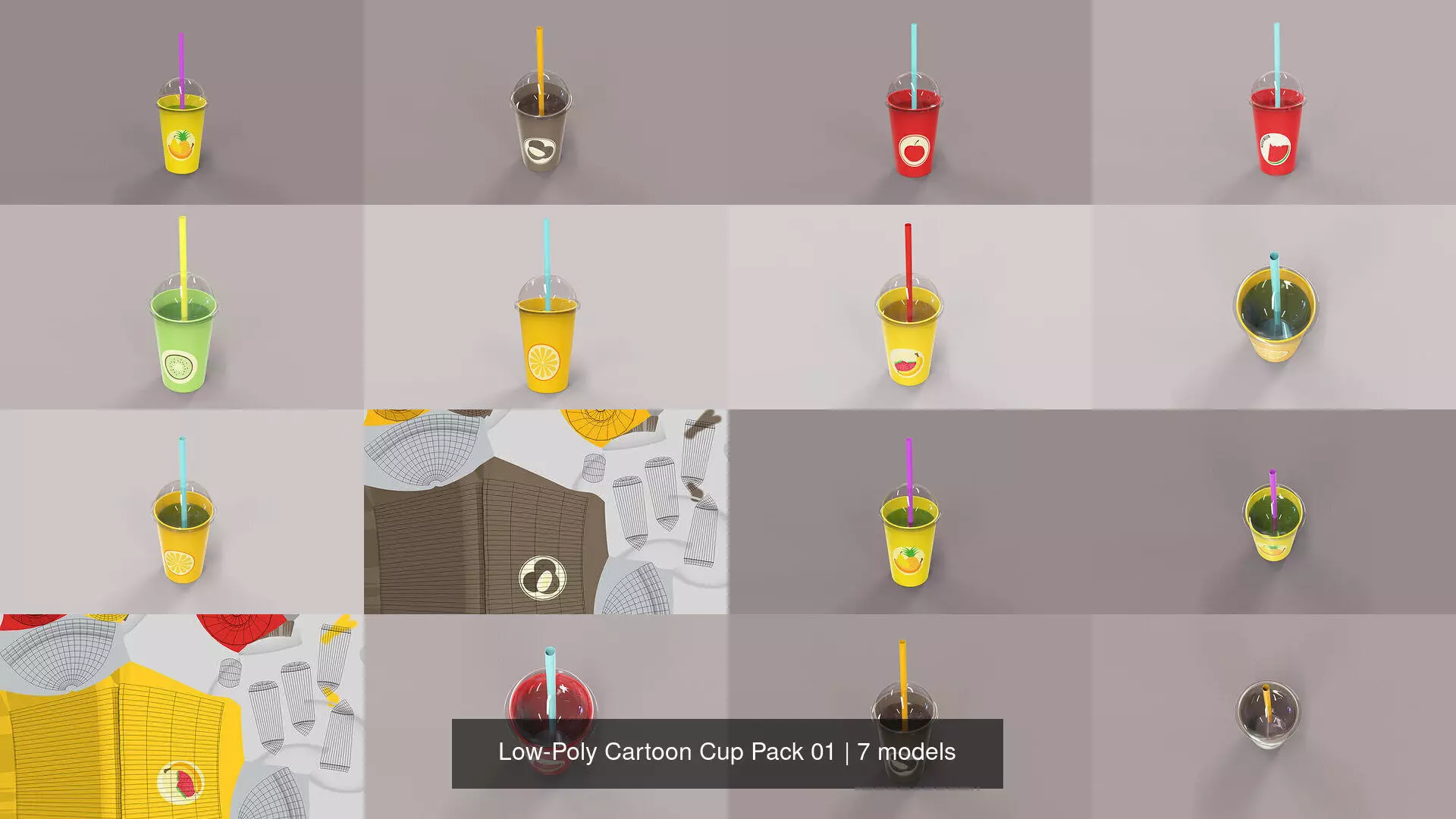 Low-Poly Cartoon Cup Pack 01 3D Model Collection_0