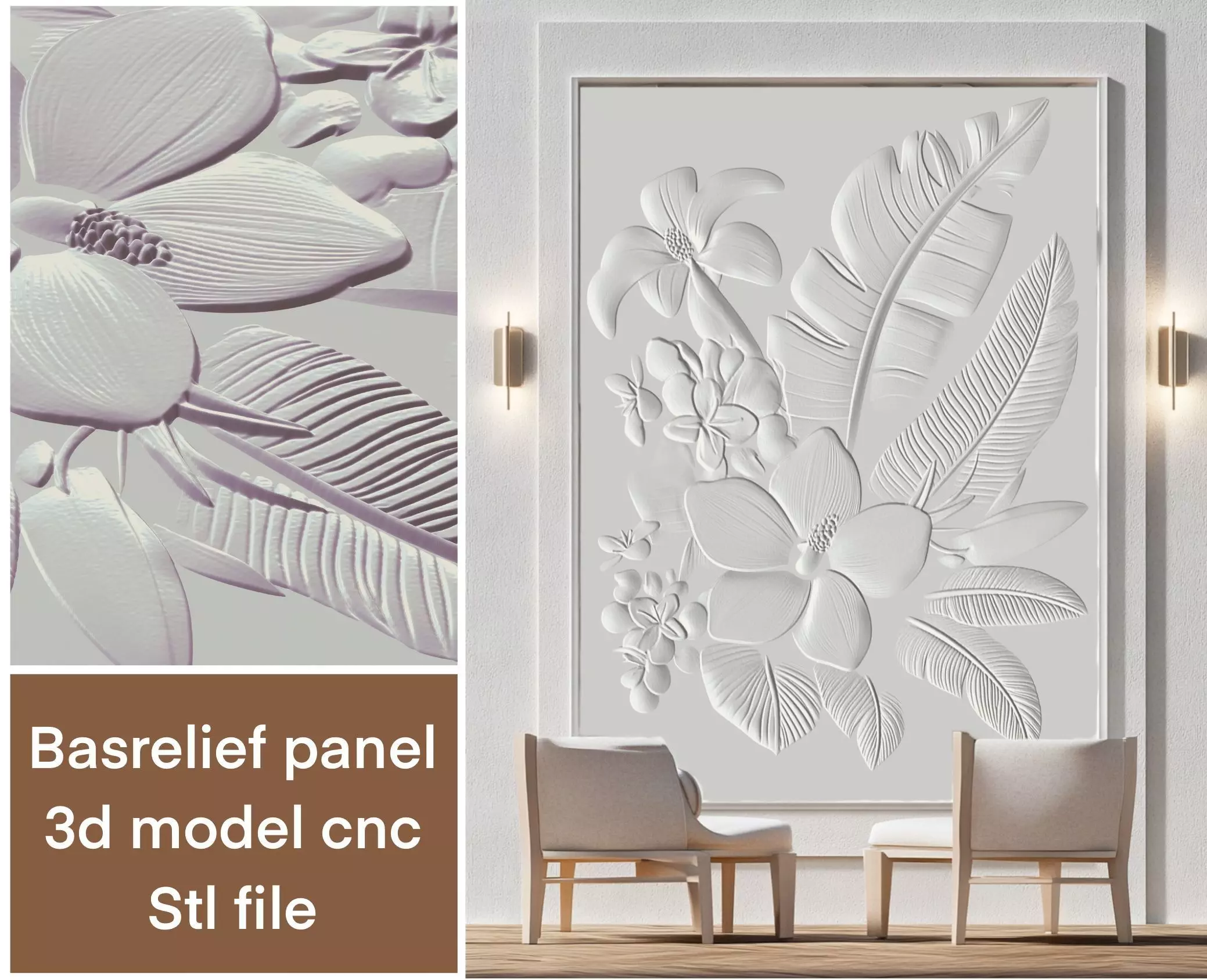 3d model of Tropical flower Basrelief panel cnc botanical art 3D print model