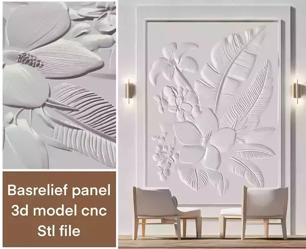 3d model of Tropical flower Basrelief panel cnc botanical art 3D print model