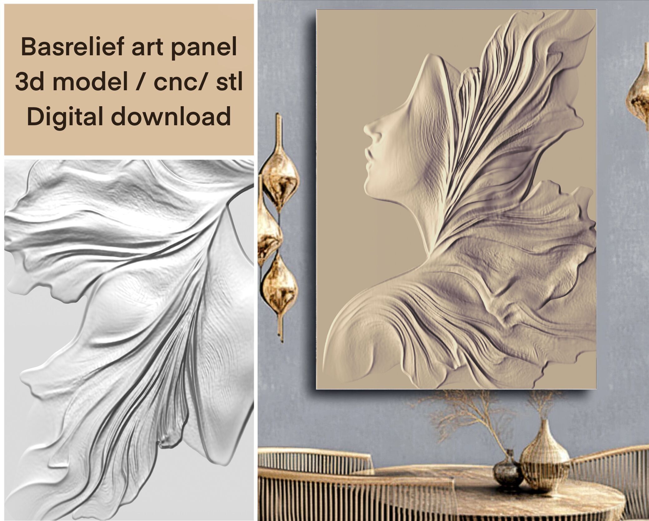 Elegant woman relief Sculpture wave panel with Female Profile 3D print model_6