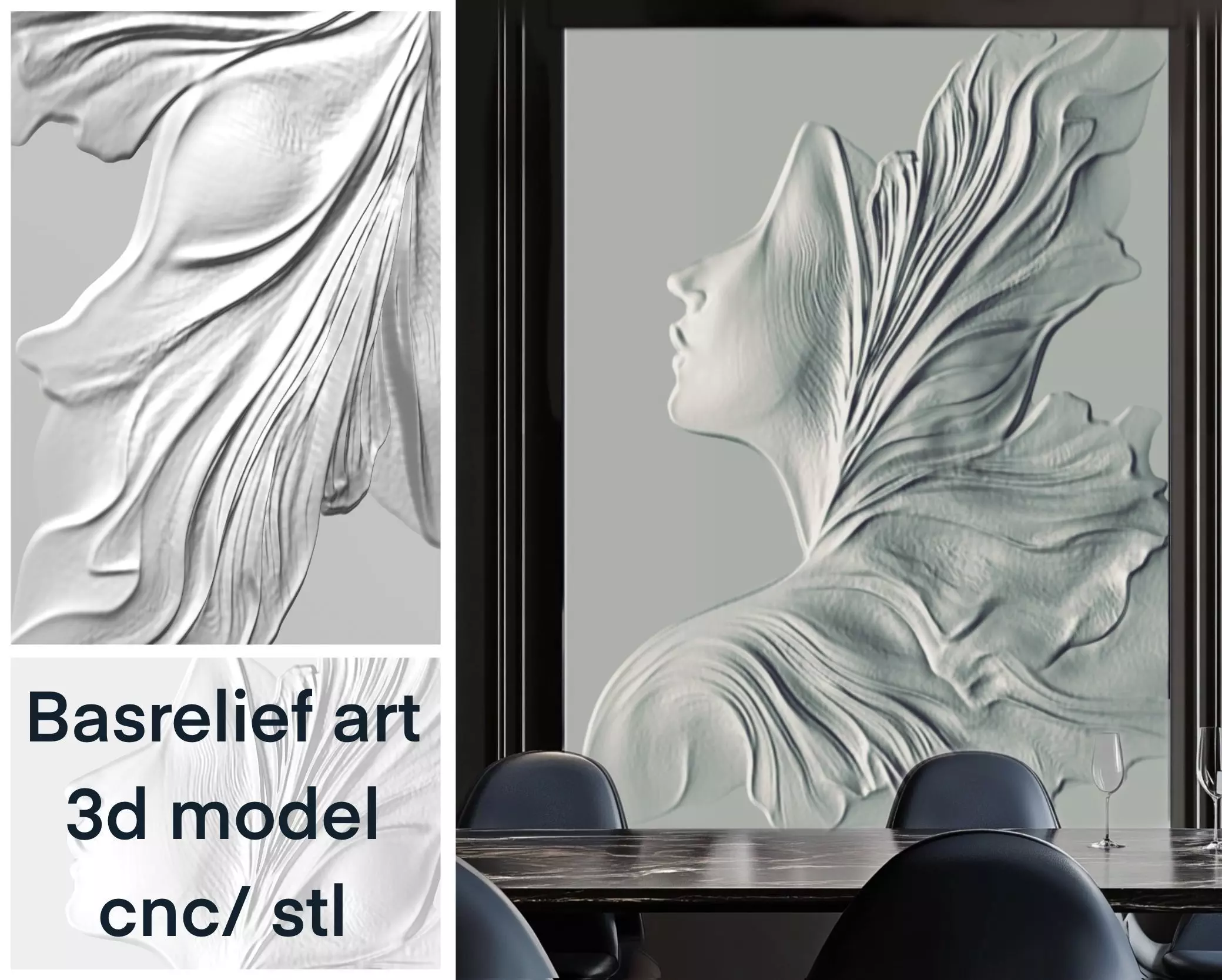 Elegant woman relief Sculpture wave panel with Female Profile 3D print model_0
