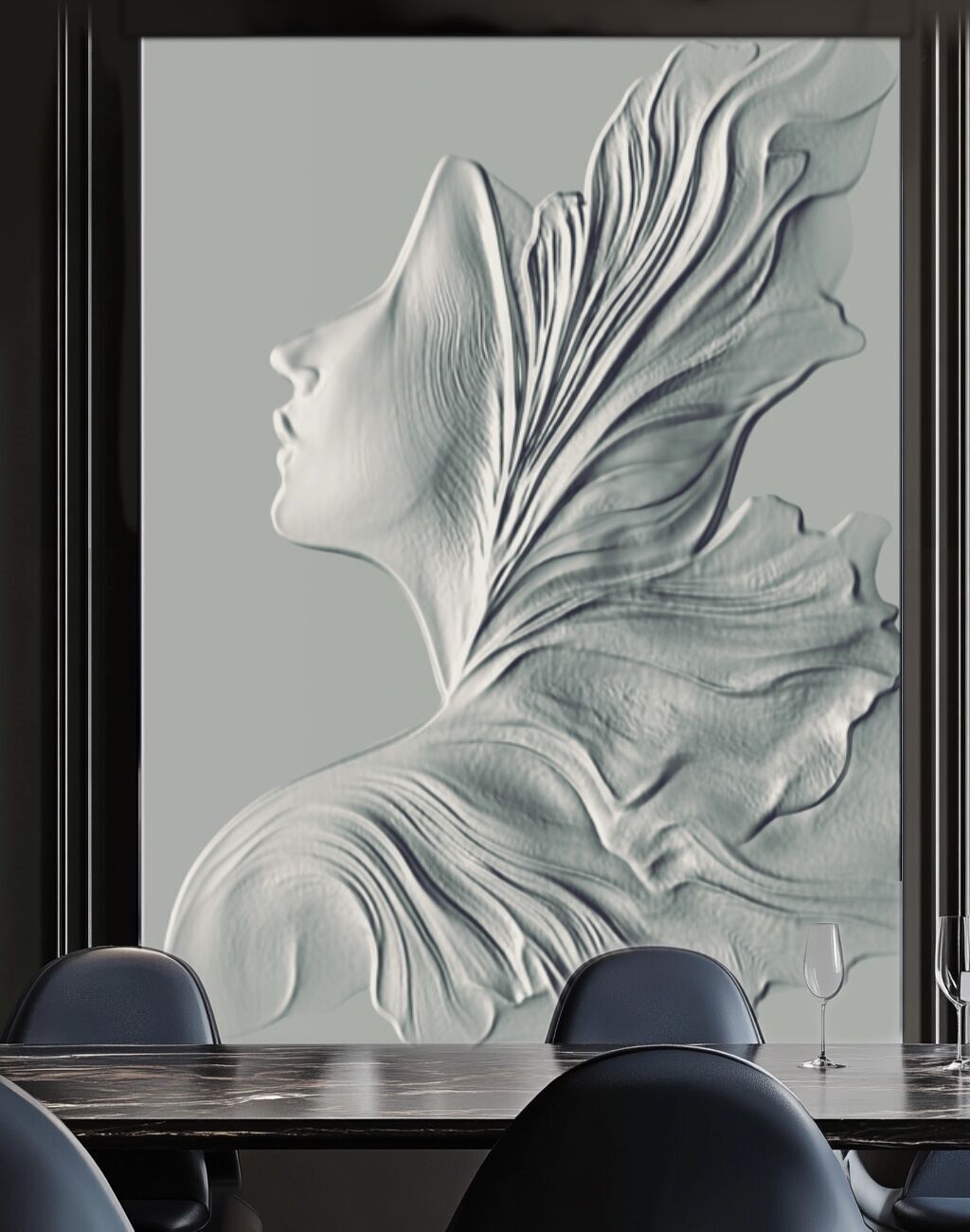 Elegant woman relief Sculpture wave panel with Female Profile 3D print model_9