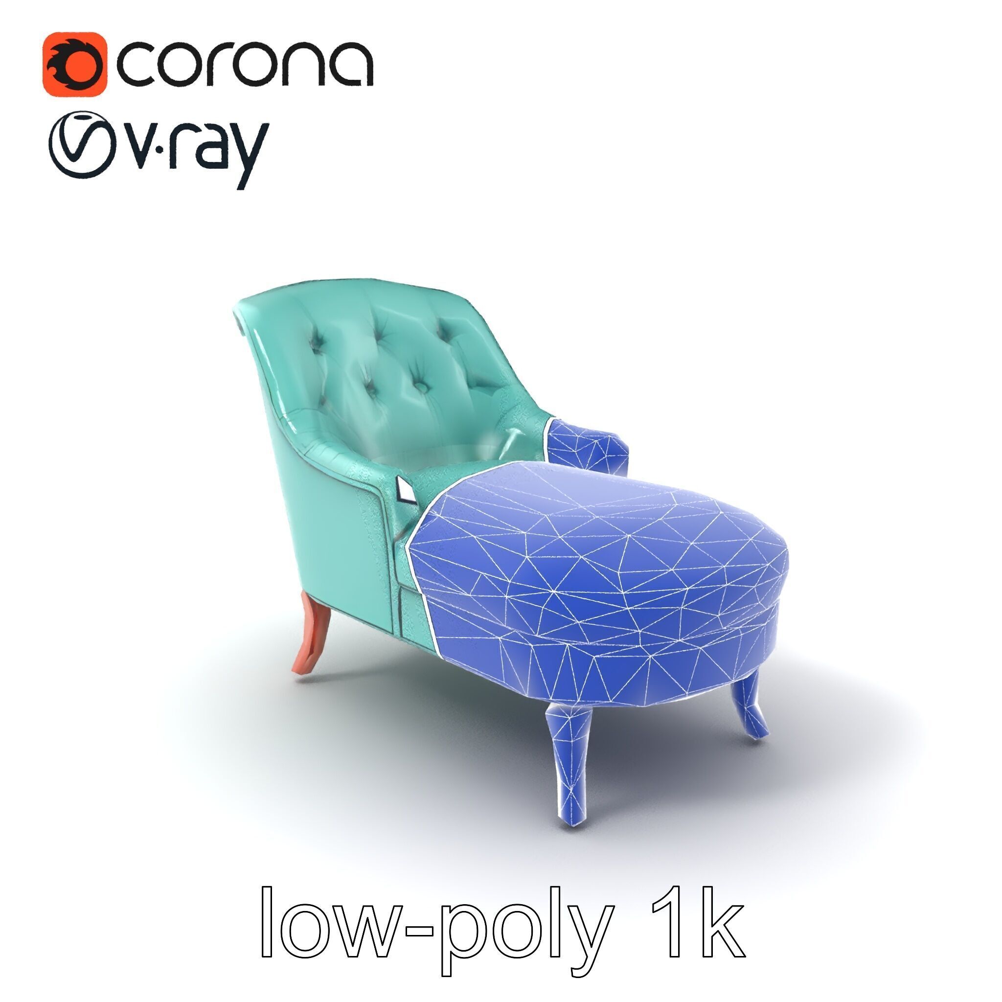 Velvet Chaise Lounge Model Pack with Mahogany Legs Low-poly 3D model_7