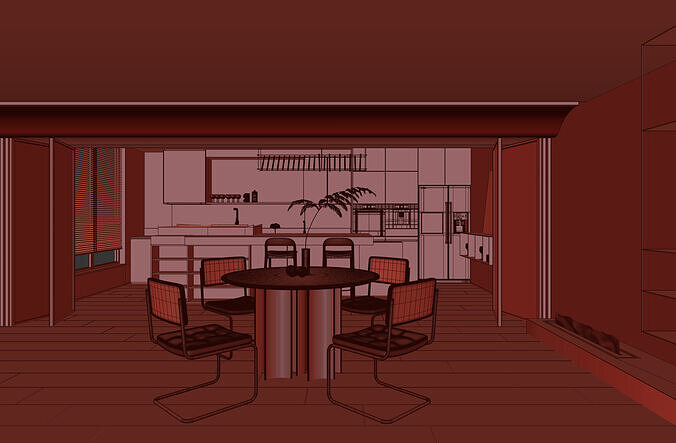 Modern dining room and kitchen 3D model 5