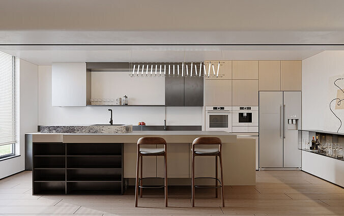 Modern dining room and kitchen 3D model 2