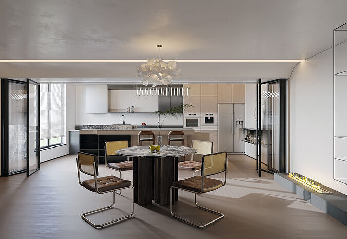 Modern dining room and kitchen 3D model