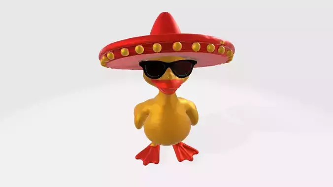 Cute Cartoon Duck with Sunglasses and Sombrero High Poly