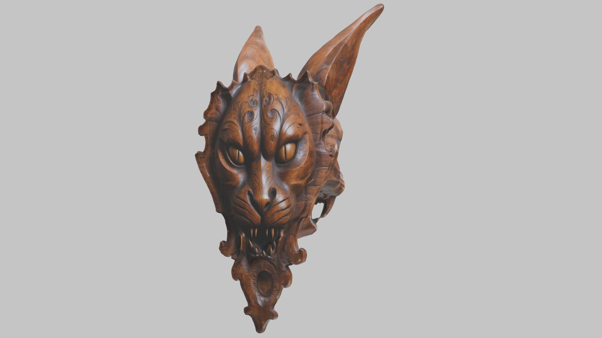 Carved Wooden Diabolical Cat Head Wall Mount  Low-poly 3D model_6