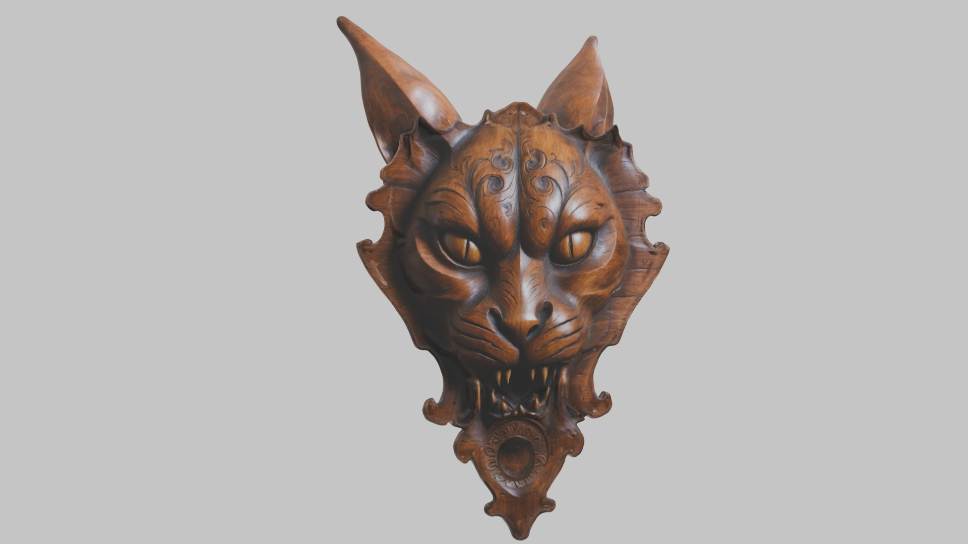 Carved Wooden Diabolical Cat Head Wall Mount  Low-poly 3D model_9