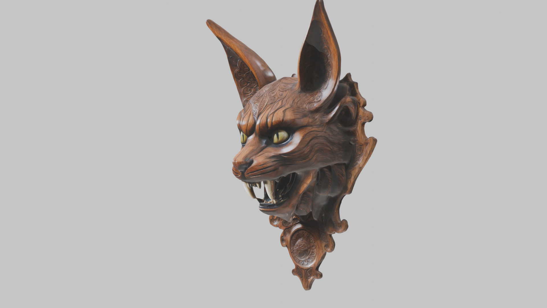 Carved Wooden Diabolical Cat Head Wall Mount  Low-poly 3D model_14