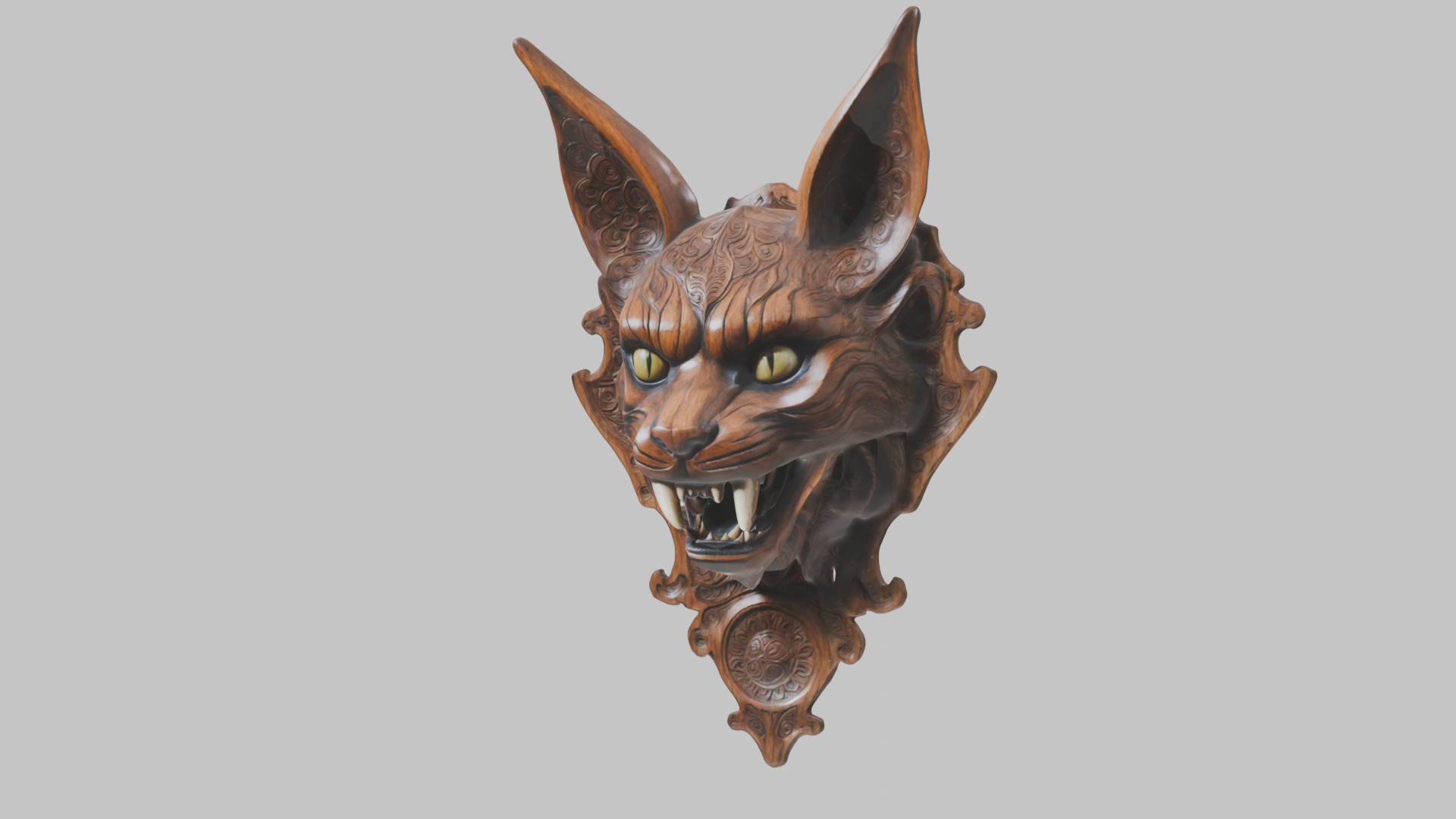 Carved Wooden Diabolical Cat Head Wall Mount  Low-poly 3D model_15