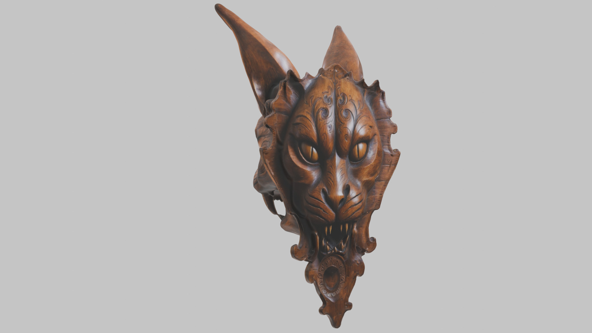 Carved Wooden Diabolical Cat Head Wall Mount  Low-poly 3D model_10