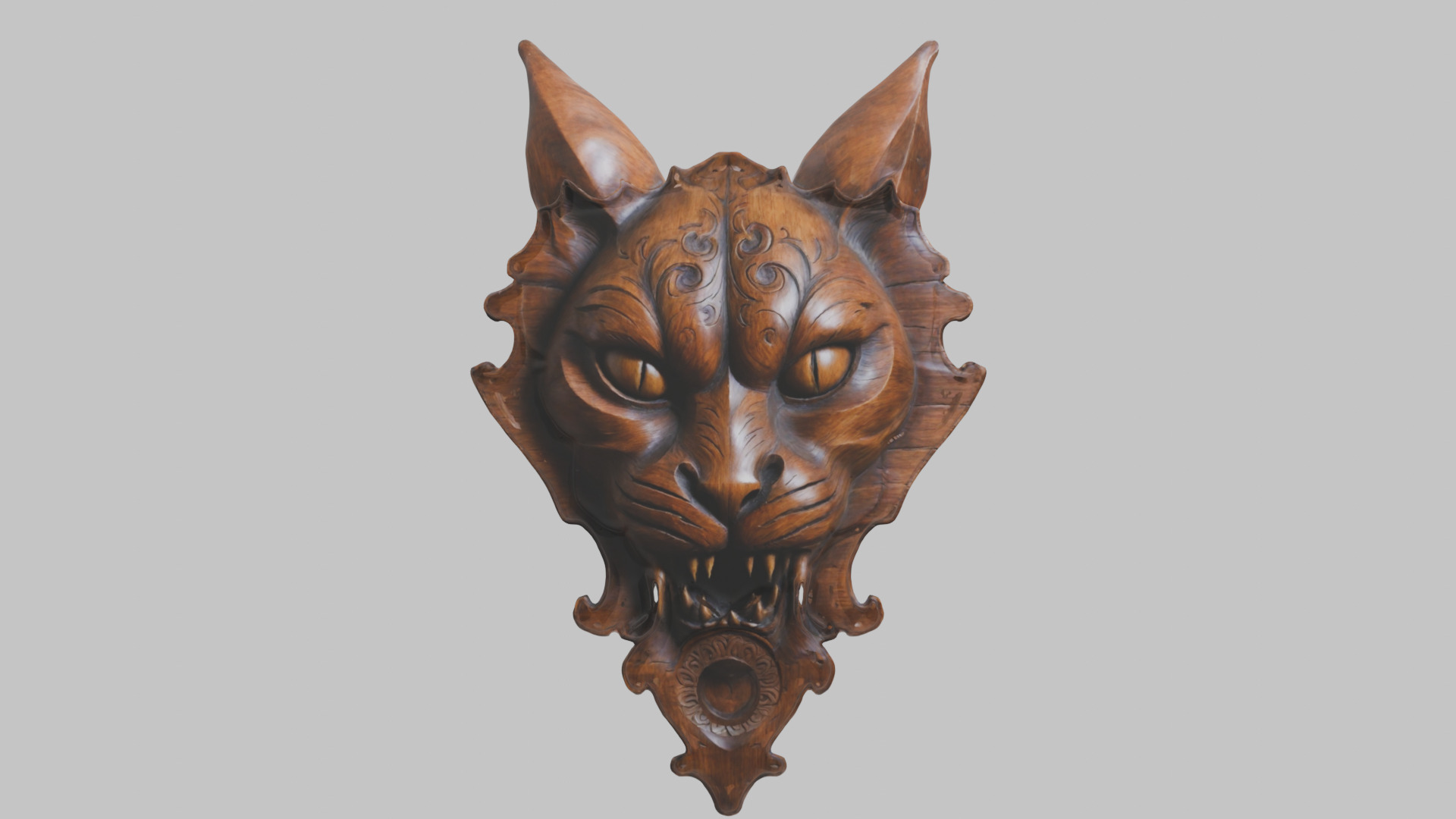 Carved Wooden Diabolical Cat Head Wall Mount  Low-poly 3D model_8