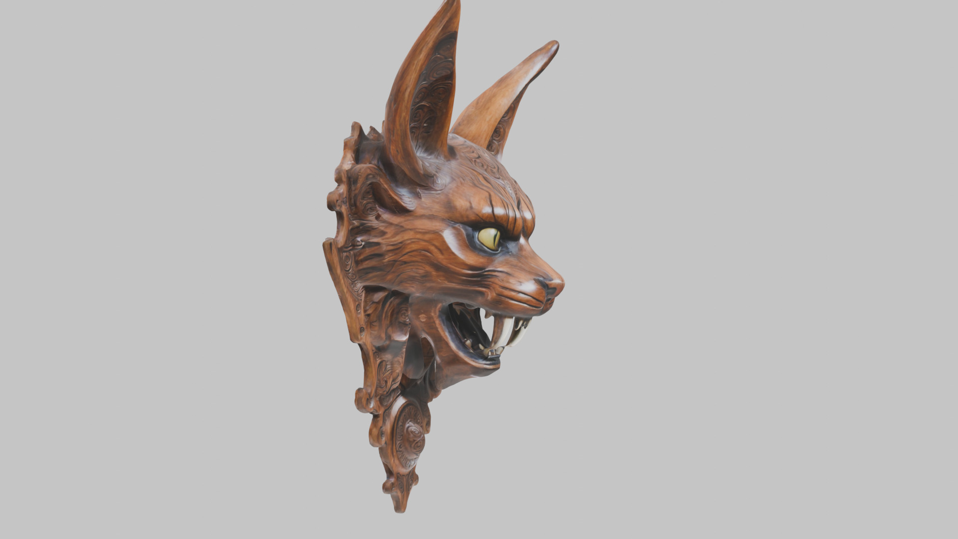 Carved Wooden Diabolical Cat Head Wall Mount  Low-poly 3D model_3
