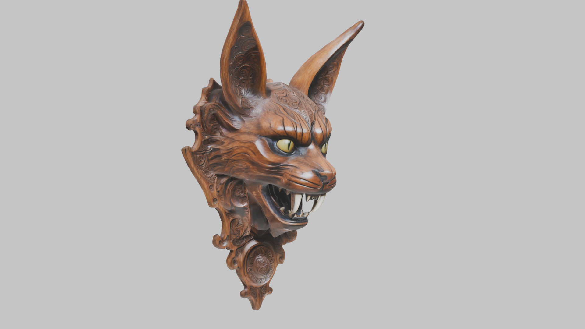 Carved Wooden Diabolical Cat Head Wall Mount  Low-poly 3D model_2