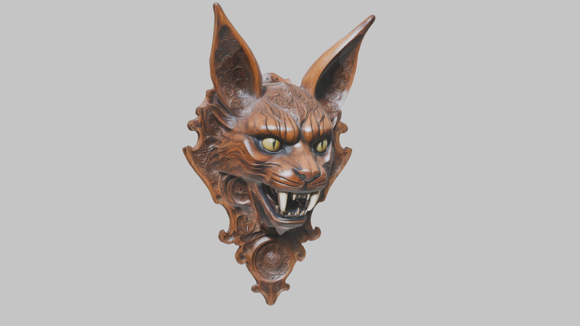 Carved Wooden Diabolical Cat Head Wall Mount  Low-poly 3D model_1