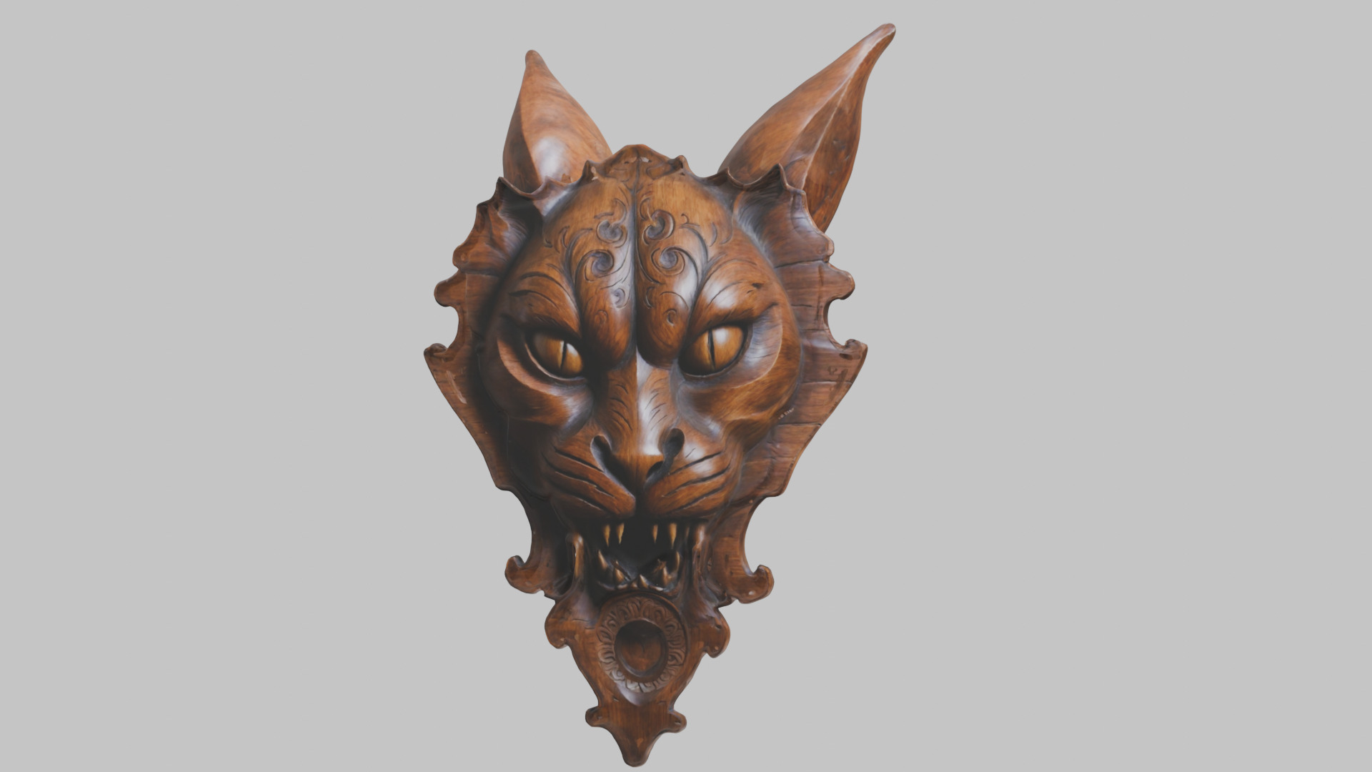 Carved Wooden Diabolical Cat Head Wall Mount  Low-poly 3D model_7