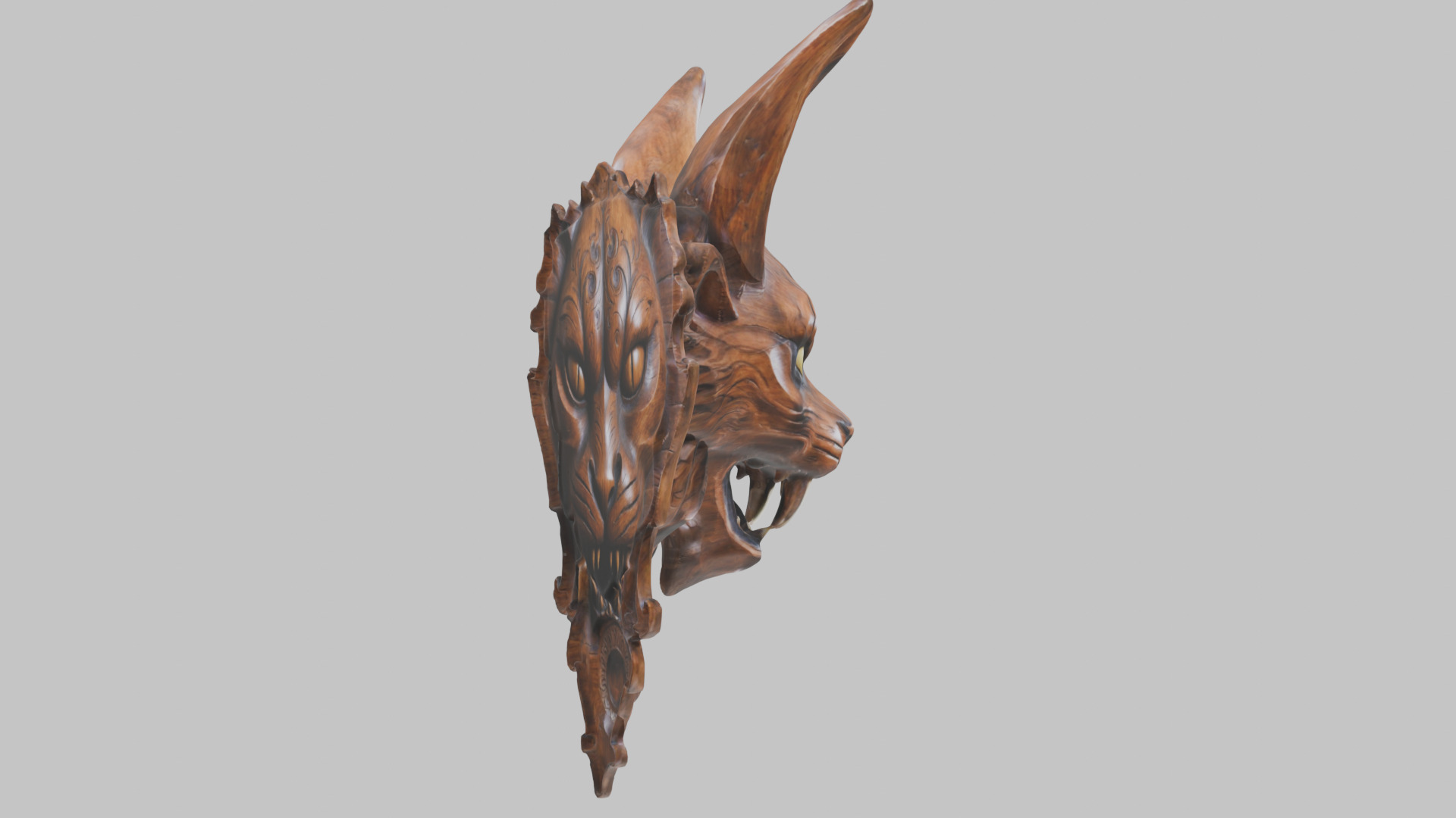 Carved Wooden Diabolical Cat Head Wall Mount  Low-poly 3D model_5