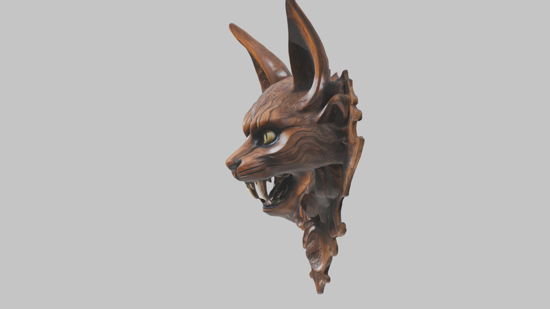 Carved Wooden Diabolical Cat Head Wall Mount  Low-poly 3D model_13