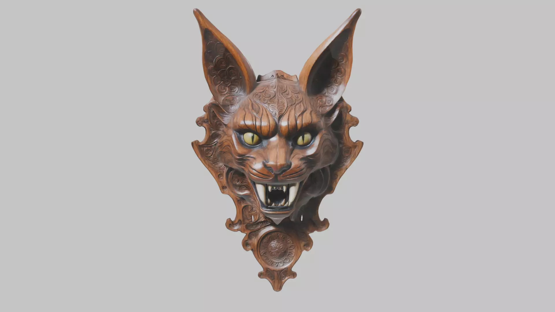 Carved Wooden Diabolical Cat Head Wall Mount  Low-poly 3D model_0