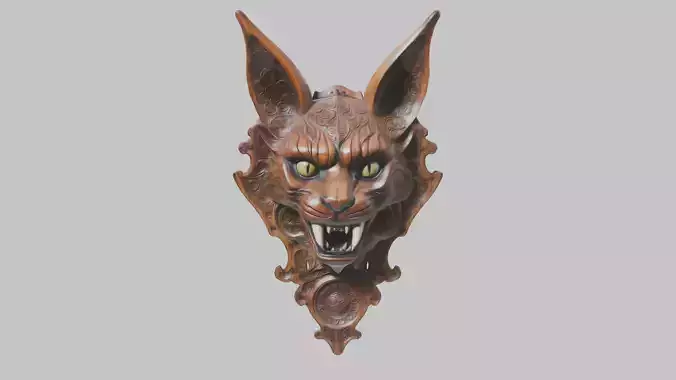 Carved Wooden Diabolical Cat Head Wall Mount  Low-poly 3D model