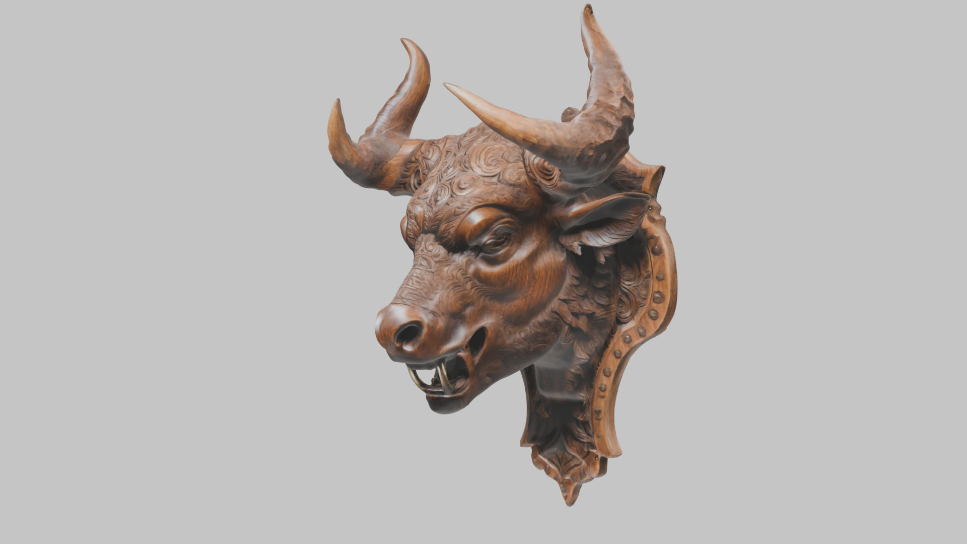 Carved Wooden Bull Head Wall Mount Low-poly 3D model_14