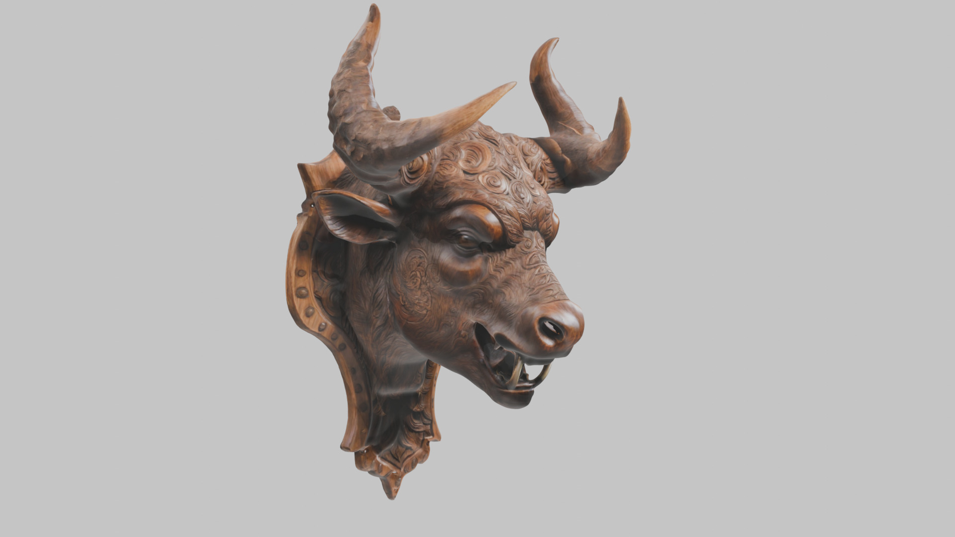 Carved Wooden Bull Head Wall Mount Low-poly 3D model_2