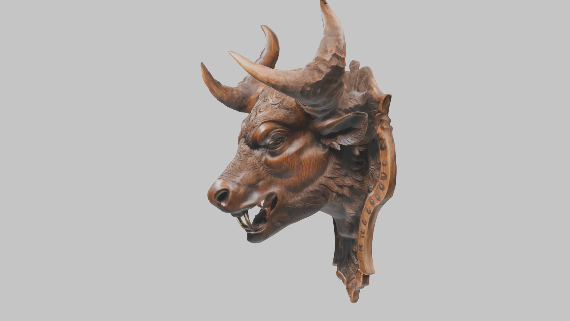 Carved Wooden Bull Head Wall Mount Low-poly 3D model_13