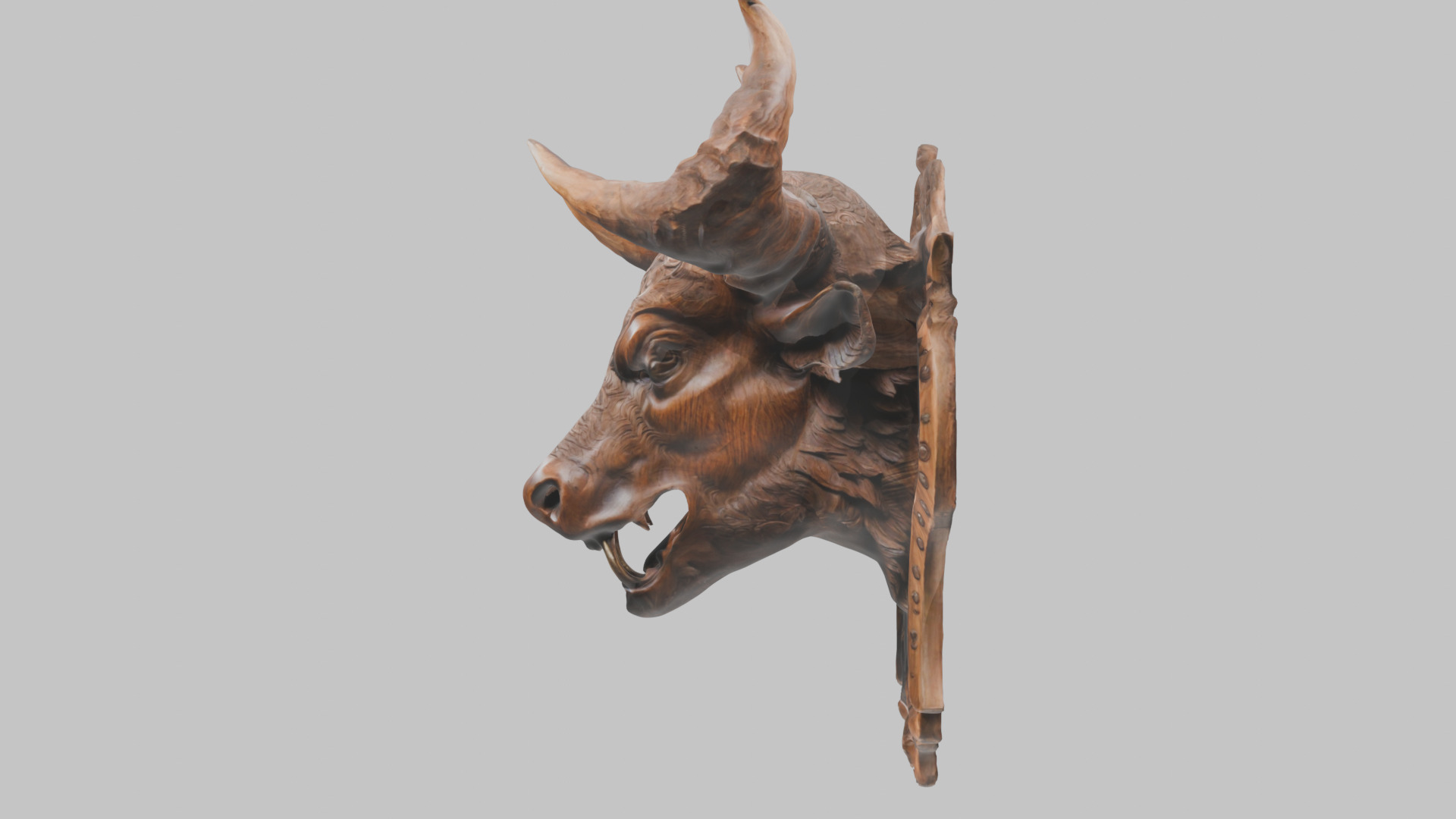 Carved Wooden Bull Head Wall Mount Low-poly 3D model_12