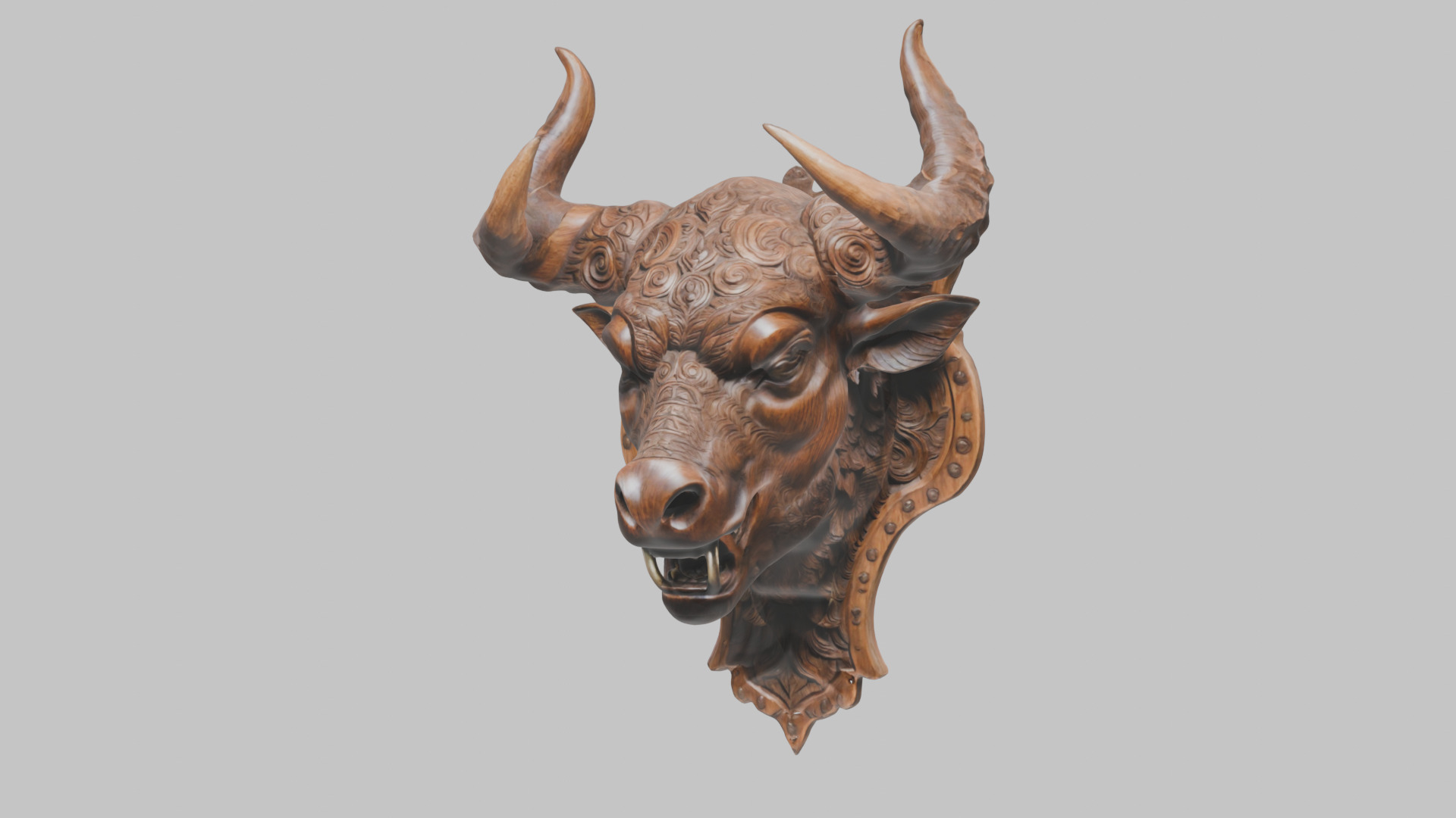 Carved Wooden Bull Head Wall Mount Low-poly 3D model_15