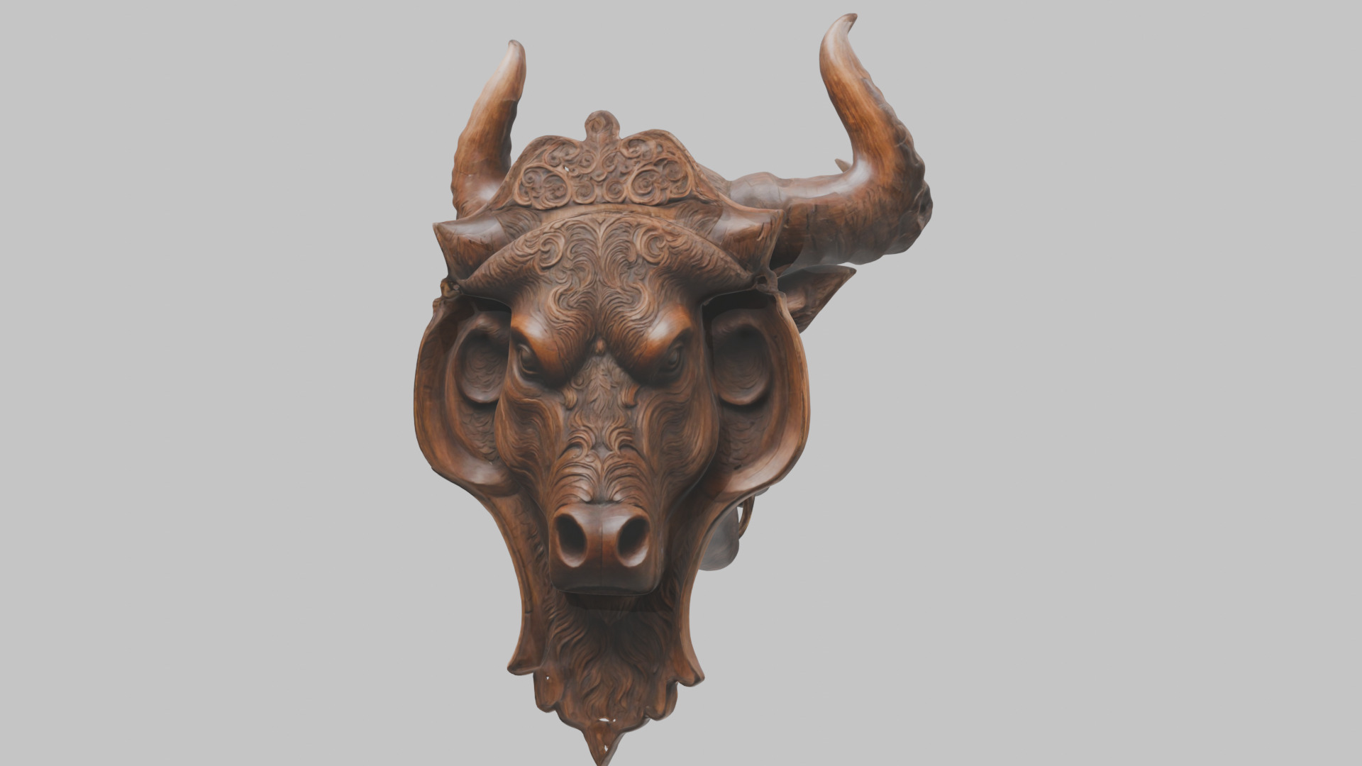 Carved Wooden Bull Head Wall Mount Low-poly 3D model_7
