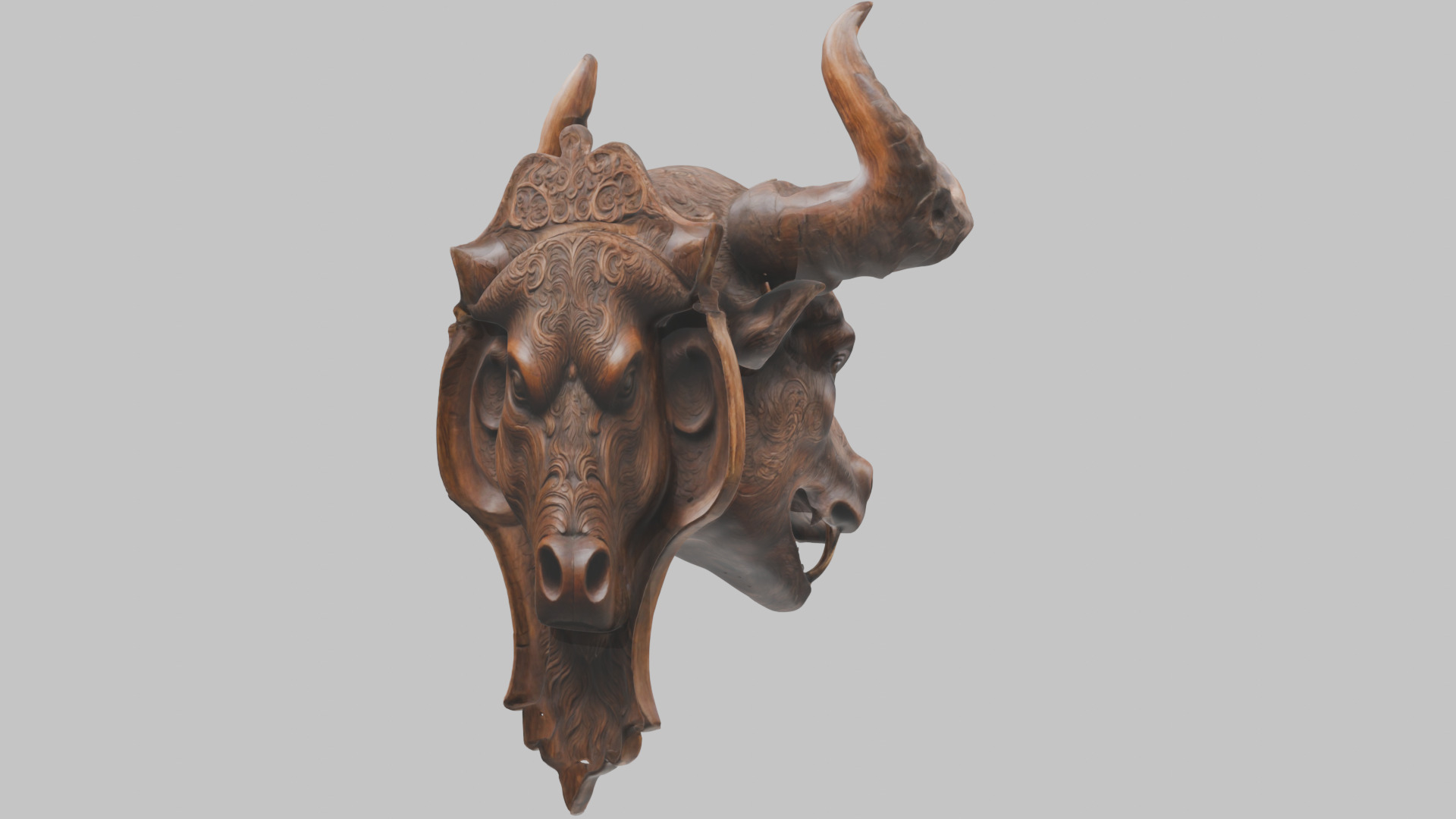 Carved Wooden Bull Head Wall Mount Low-poly 3D model_6