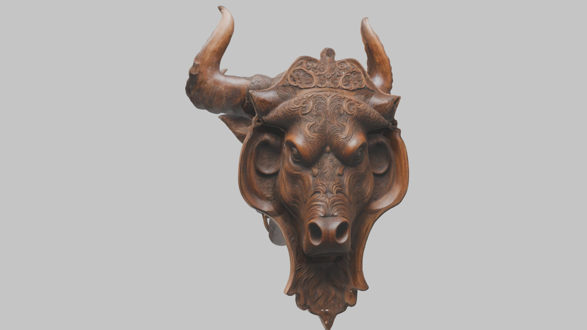 Carved Wooden Bull Head Wall Mount Low-poly 3D model_9
