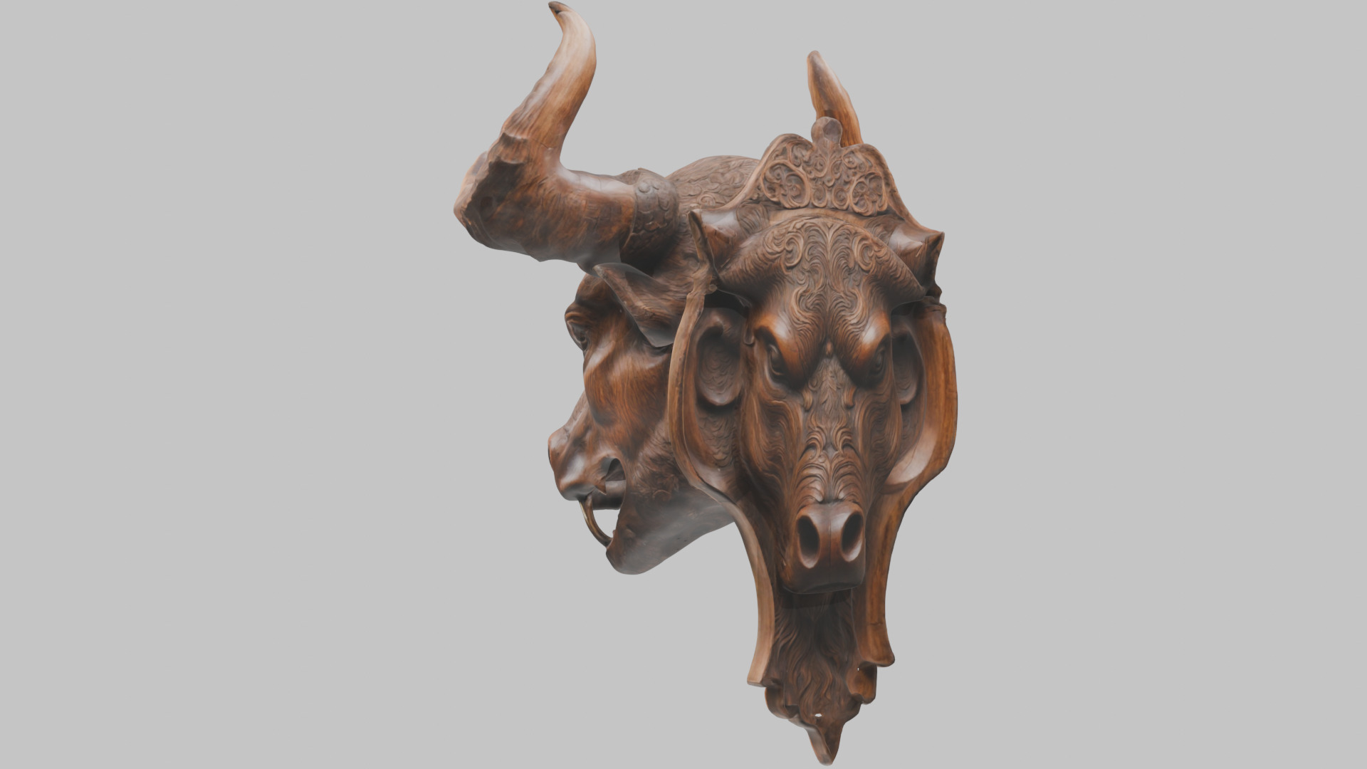 Carved Wooden Bull Head Wall Mount Low-poly 3D model_10