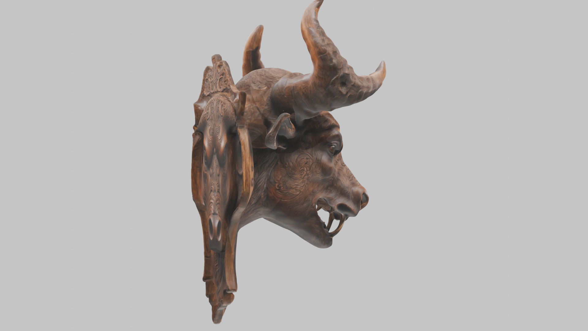Carved Wooden Bull Head Wall Mount Low-poly 3D model_5
