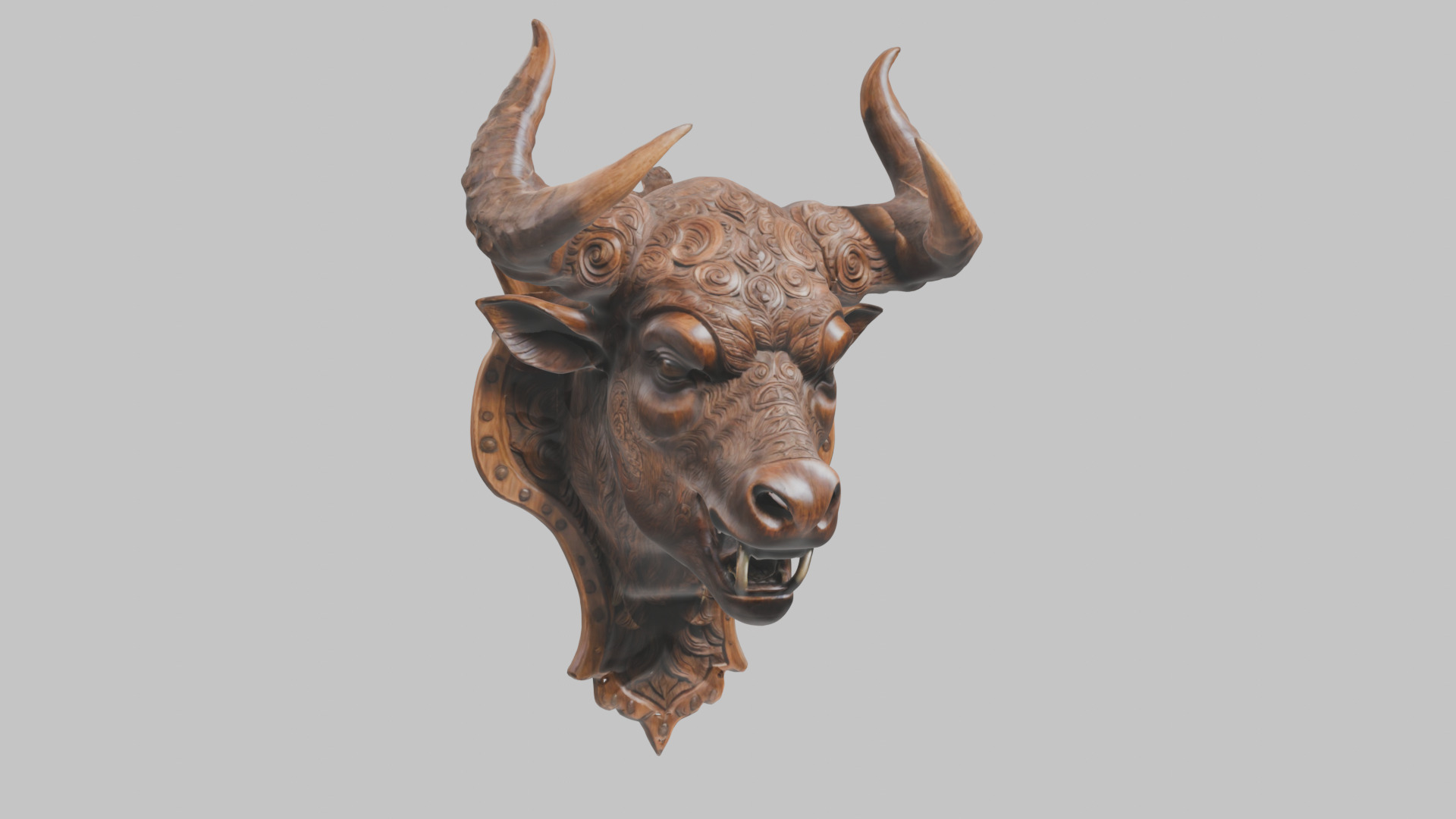 Carved Wooden Bull Head Wall Mount Low-poly 3D model_1