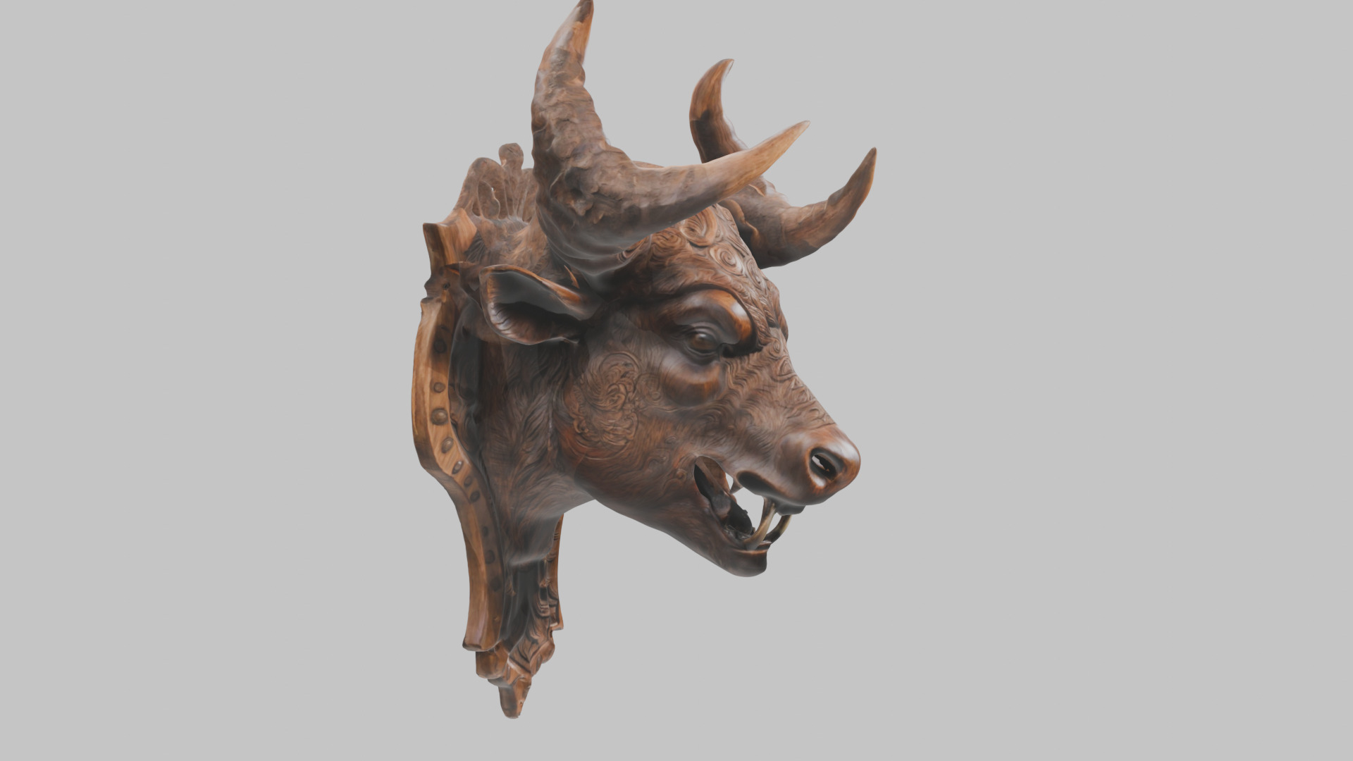Carved Wooden Bull Head Wall Mount Low-poly 3D model_3