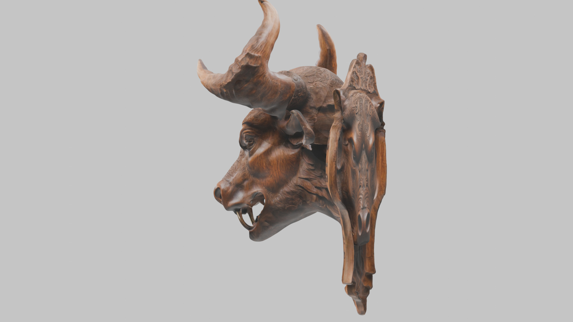 Carved Wooden Bull Head Wall Mount Low-poly 3D model_11