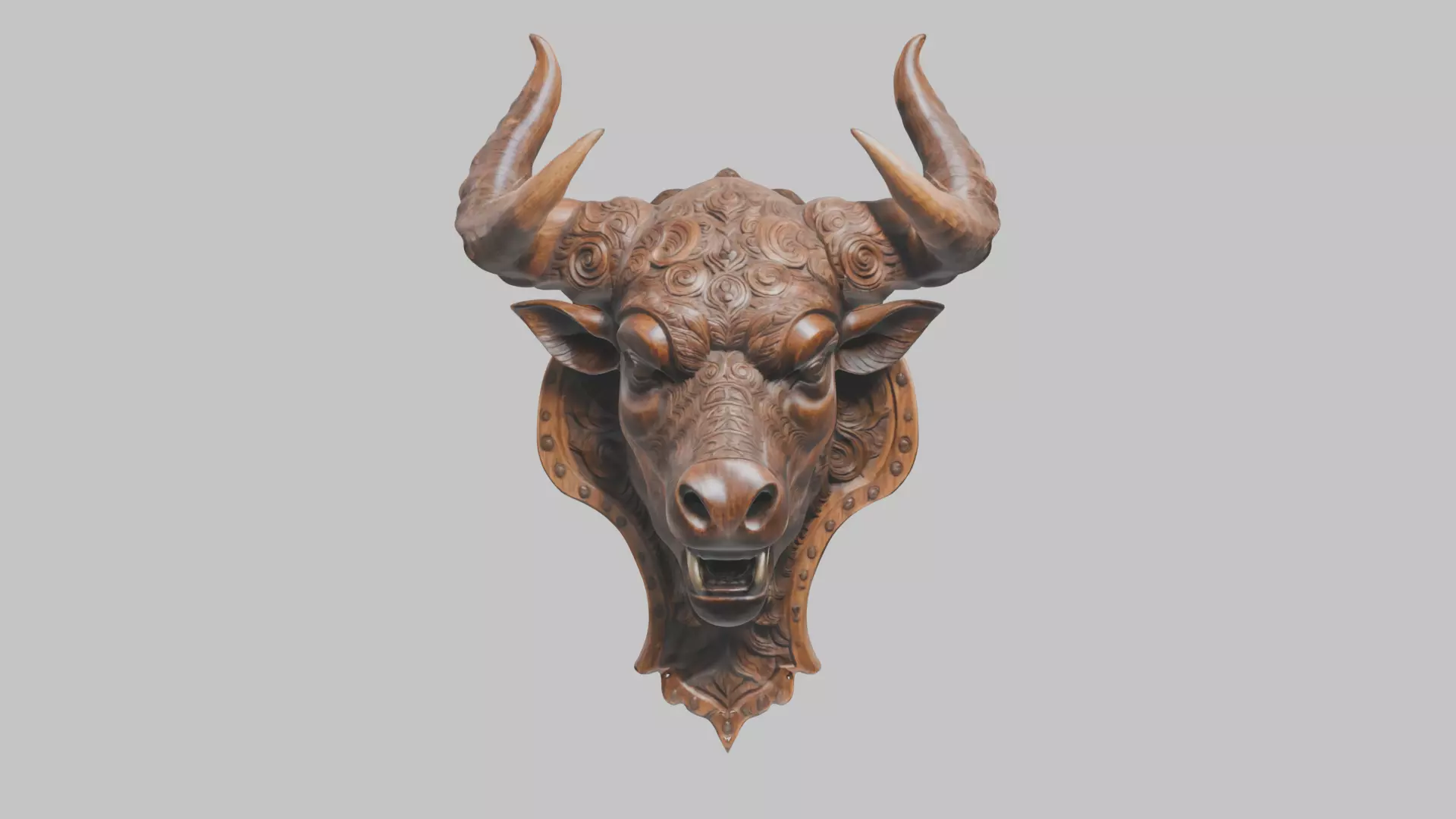 Carved Wooden Bull Head Wall Mount Low-poly 3D model_0